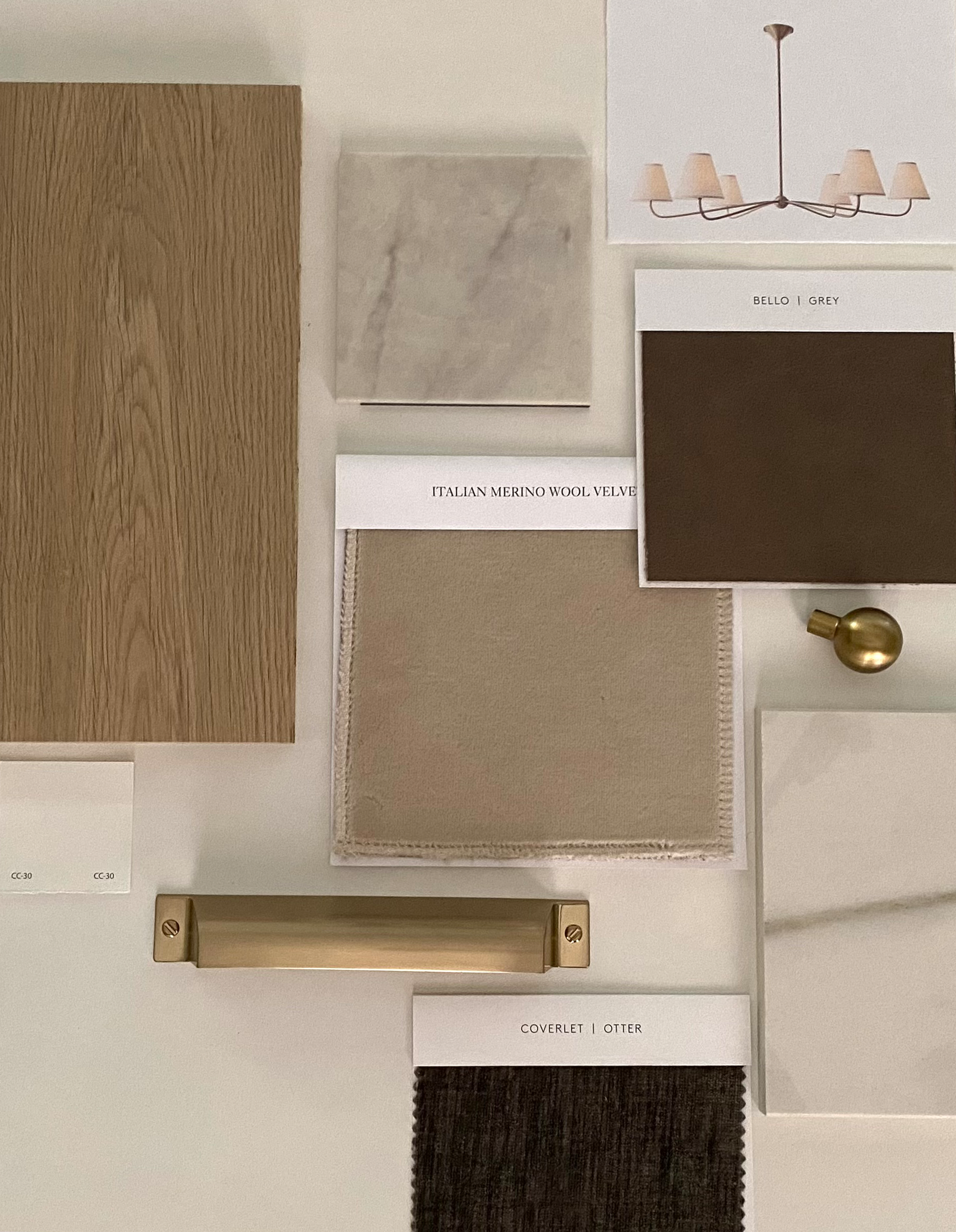 Material samples and swatches labeled 'ITALIAN MERINO WOOL VELVET,' 'COVERLET | OTTER,' and 'BELLO | GREY' arranged on display boards.