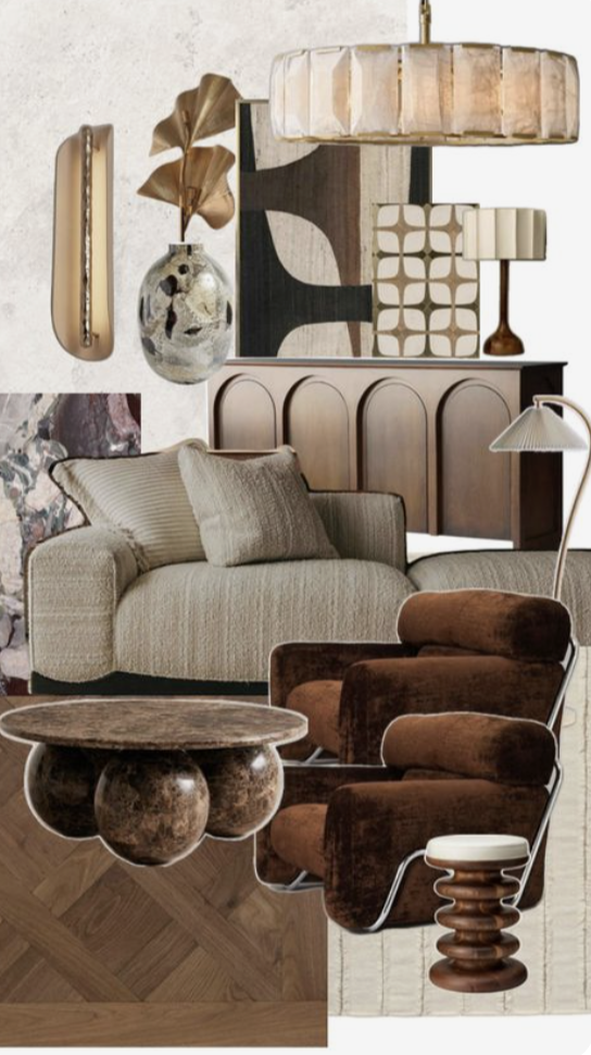 Interior design scene featuring a beige sofa with a matching pillow, a dark brown armchair, and a wooden side table with rounded legs. Decor items include wall-mounted abstract art, a pendant lamp, a table lamp, a decorative vase, and a large drum lampshade hanging from the ceiling. The wall has a mix of textures and patterns, creating a modern and cozy ambiance.