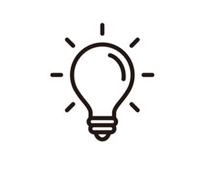 Simple black and white icon of a lightbulb with rays extending outward.