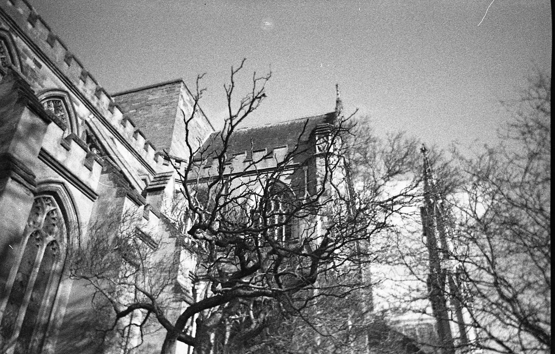A black and white photo of an old church with Gothic architecture, surrounded by leafless trees and a clear night sky.