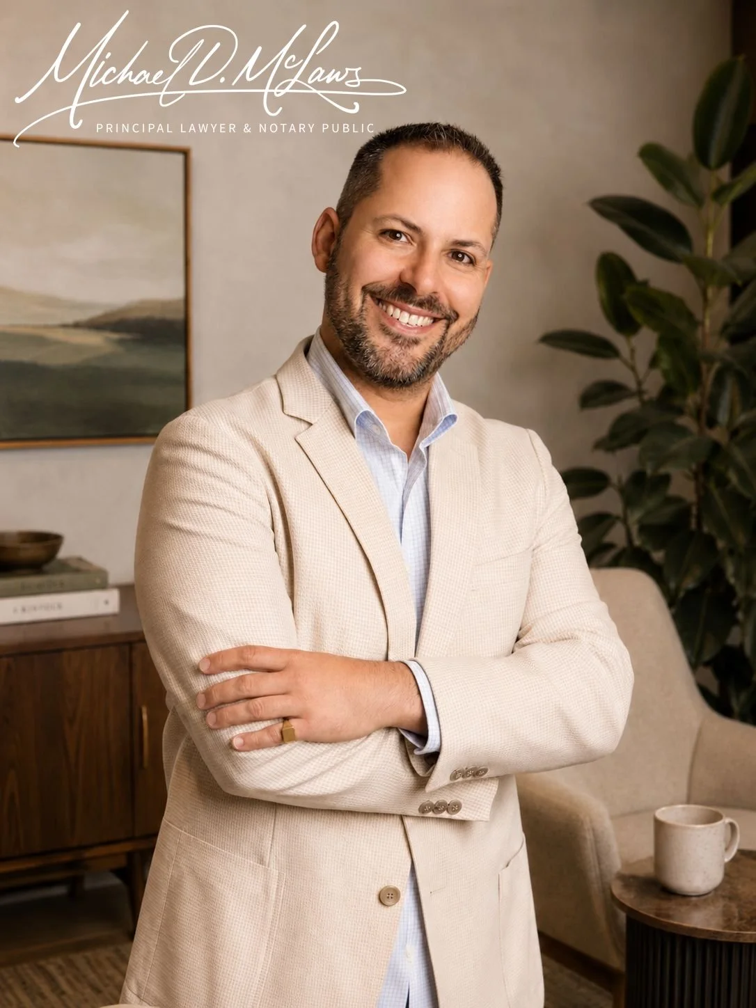 A smiling man with a beard and short hair, wearing a light-colored blazer and a collared shirt, standing with crossed arms in a cozy indoor setting with a painting on the wall, a wooden sideboard, a chair, and a potted plant in the background.