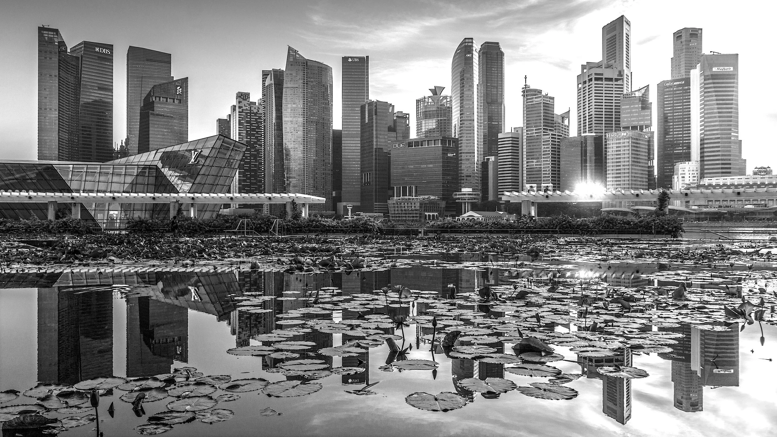 Black and white photo of Singapore, viewed from the ArtScience Museum at Marina Bay Sands towards the City Centre