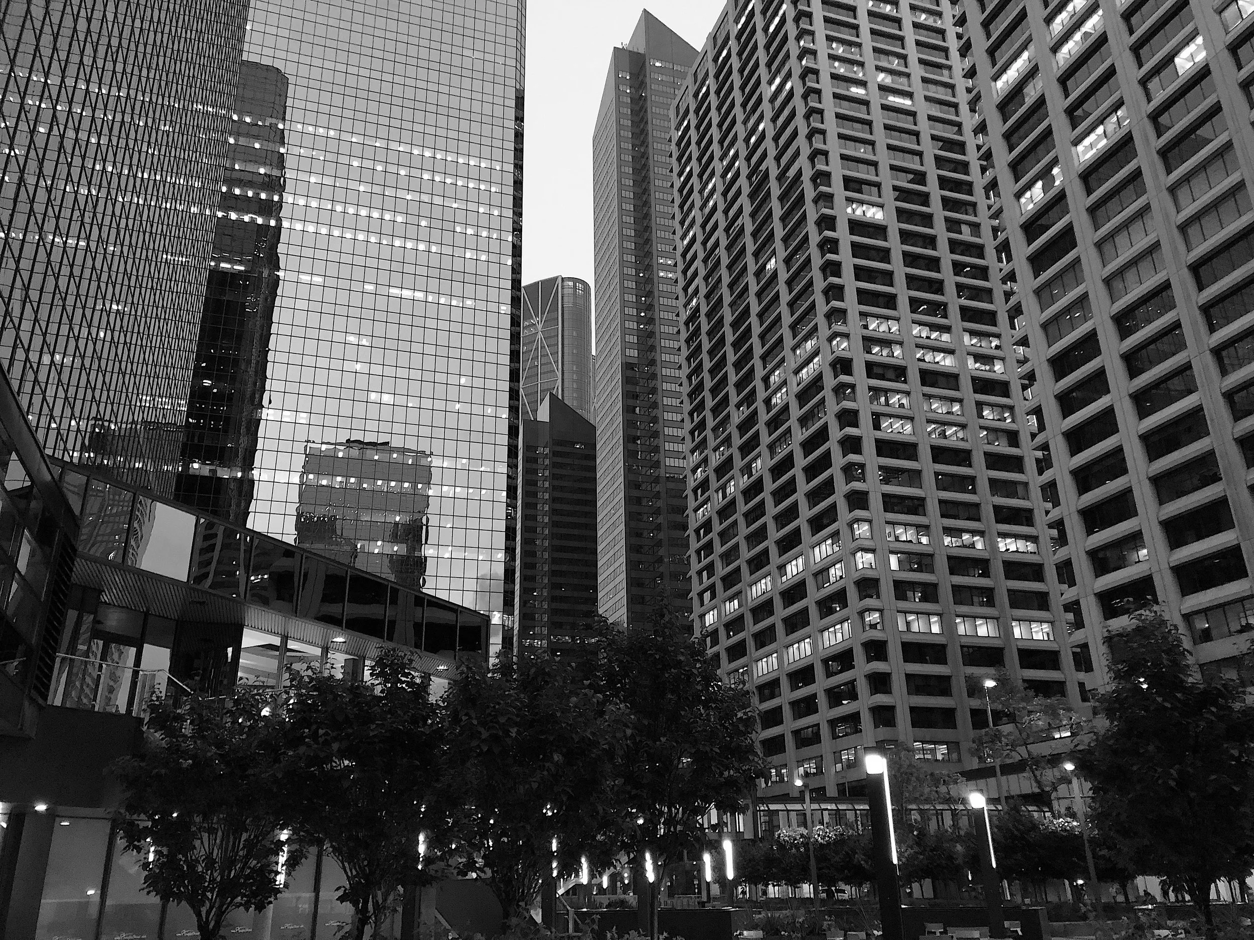 Black and white photo of Calgary Canada central business district office buildings