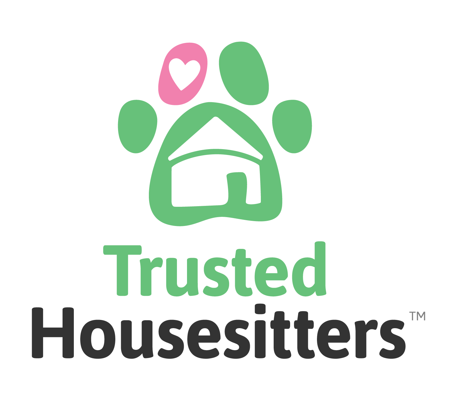 Logo of Trusted Houssitters featuring a green paw print with a pink heart shape and a house icon, with the words 'Trusted Houssitters' below in green and black text.
