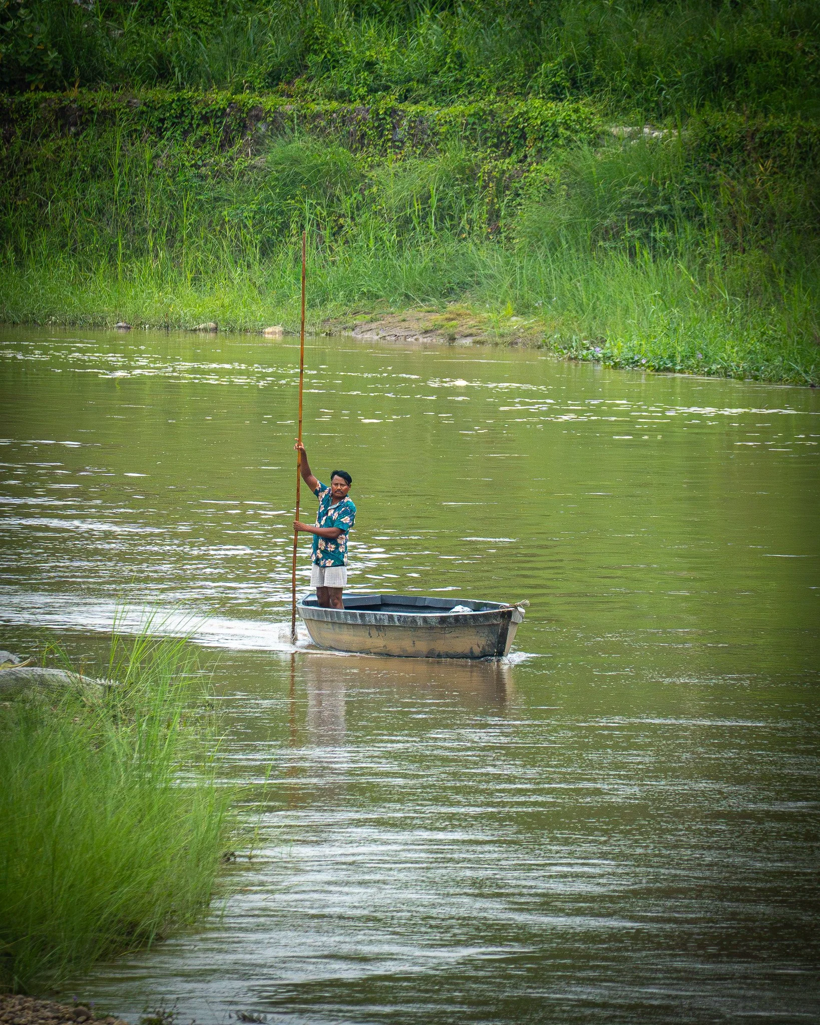 A man standing in a small boat on a river, holding a long pole, surrounded by green vegetation.
