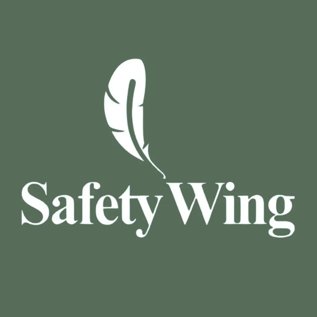 Logo for Safety Wing featuring a white feather and text on a green background.