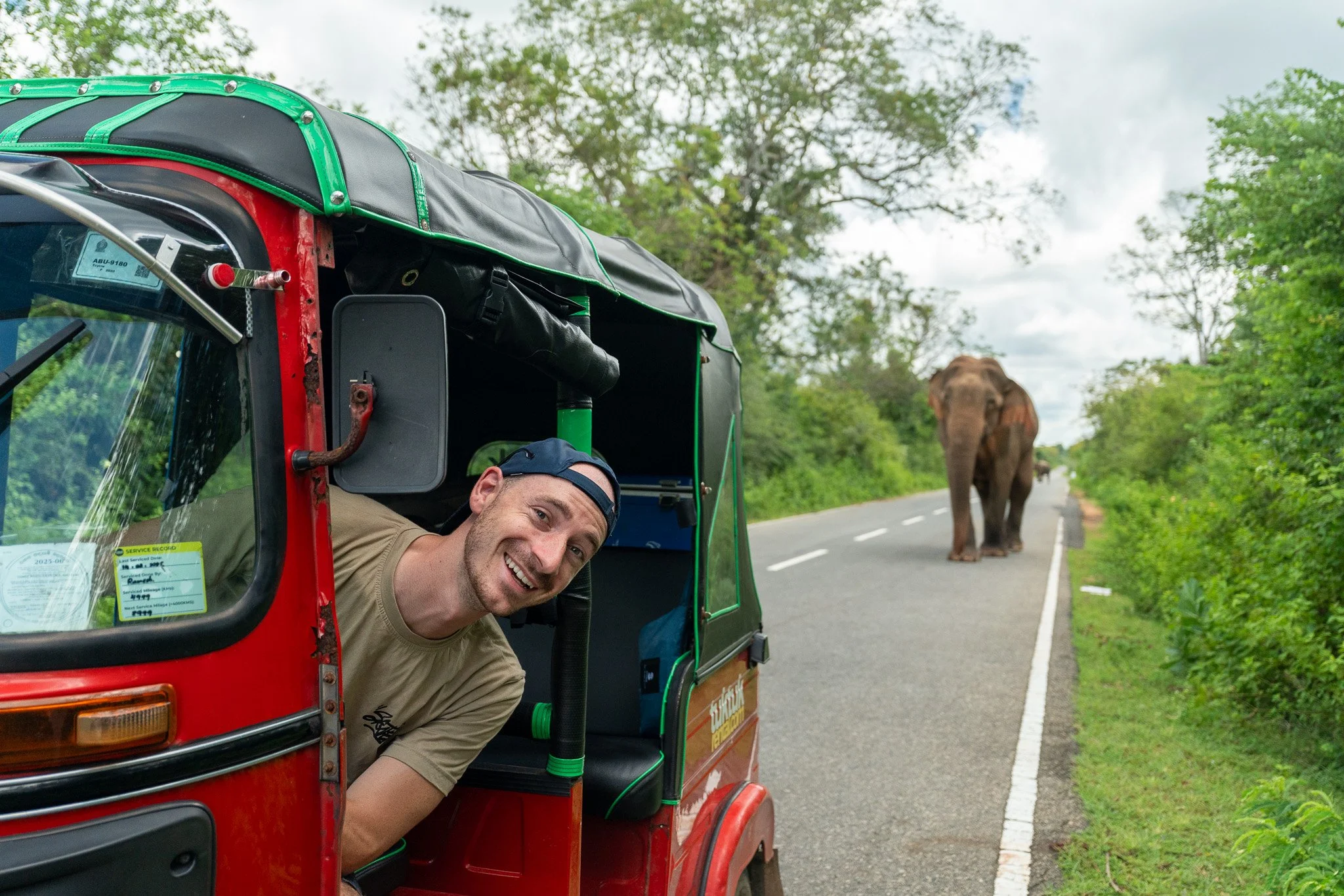 A man smiles from a tuk-tuk parked on a rural road, with elephants walking on the road behind him.