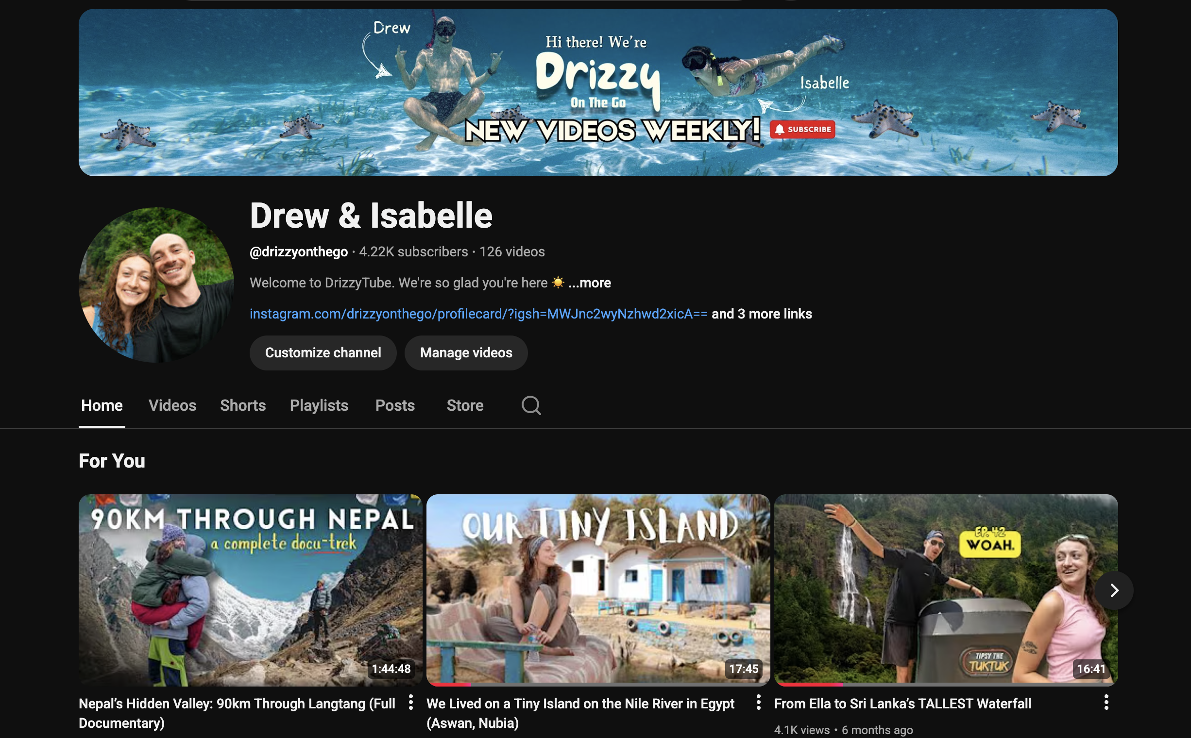 YouTube channel banner for Drizzy on the Go featuring two children swimming underwater with snorkels and masks, starfish at the bottom, and labeled as 'Hi there! We're Drizzy' and 'Isabelle'.