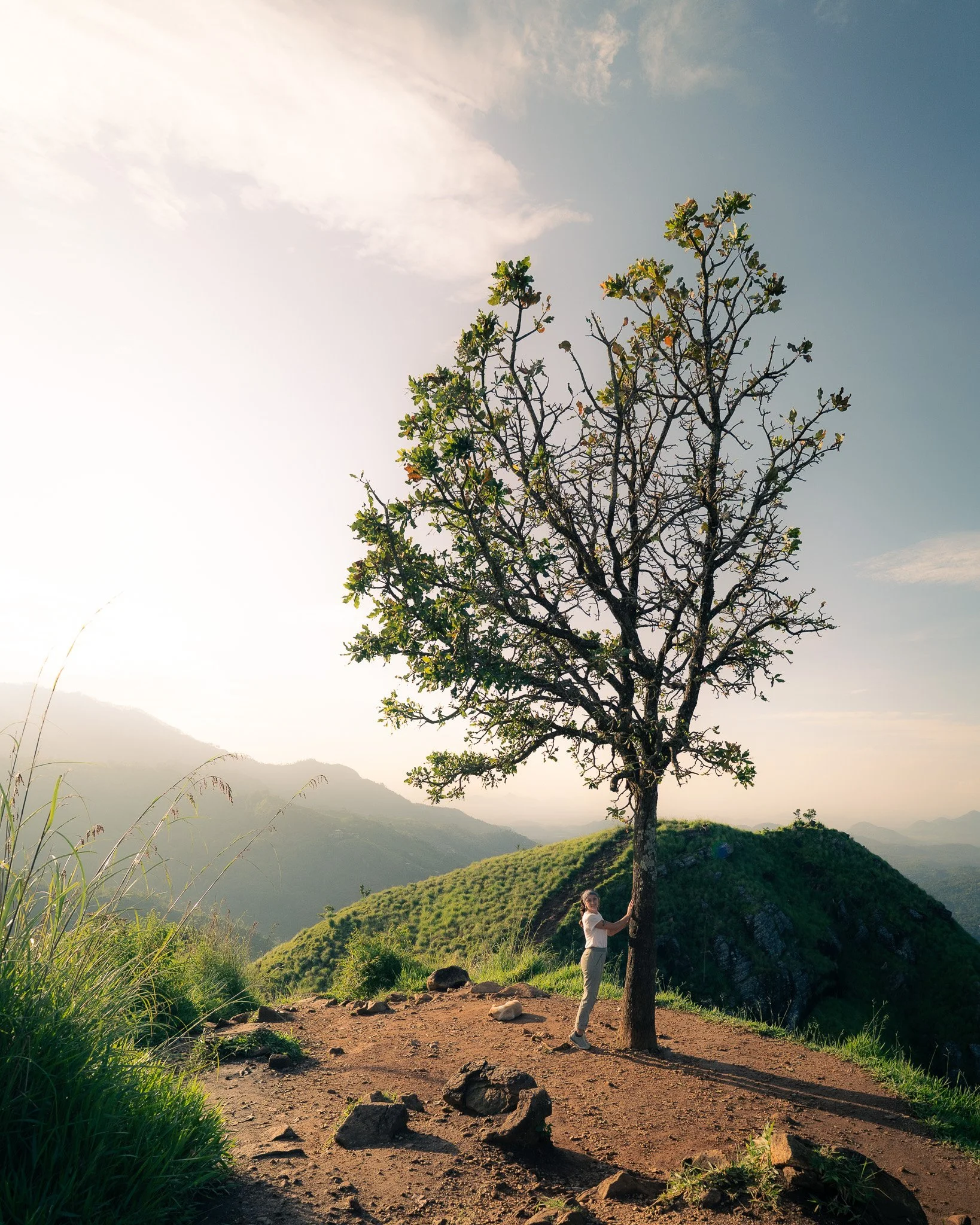 A woman hugging a tree on a hillside with mountains and a partly cloudy sky in the background.