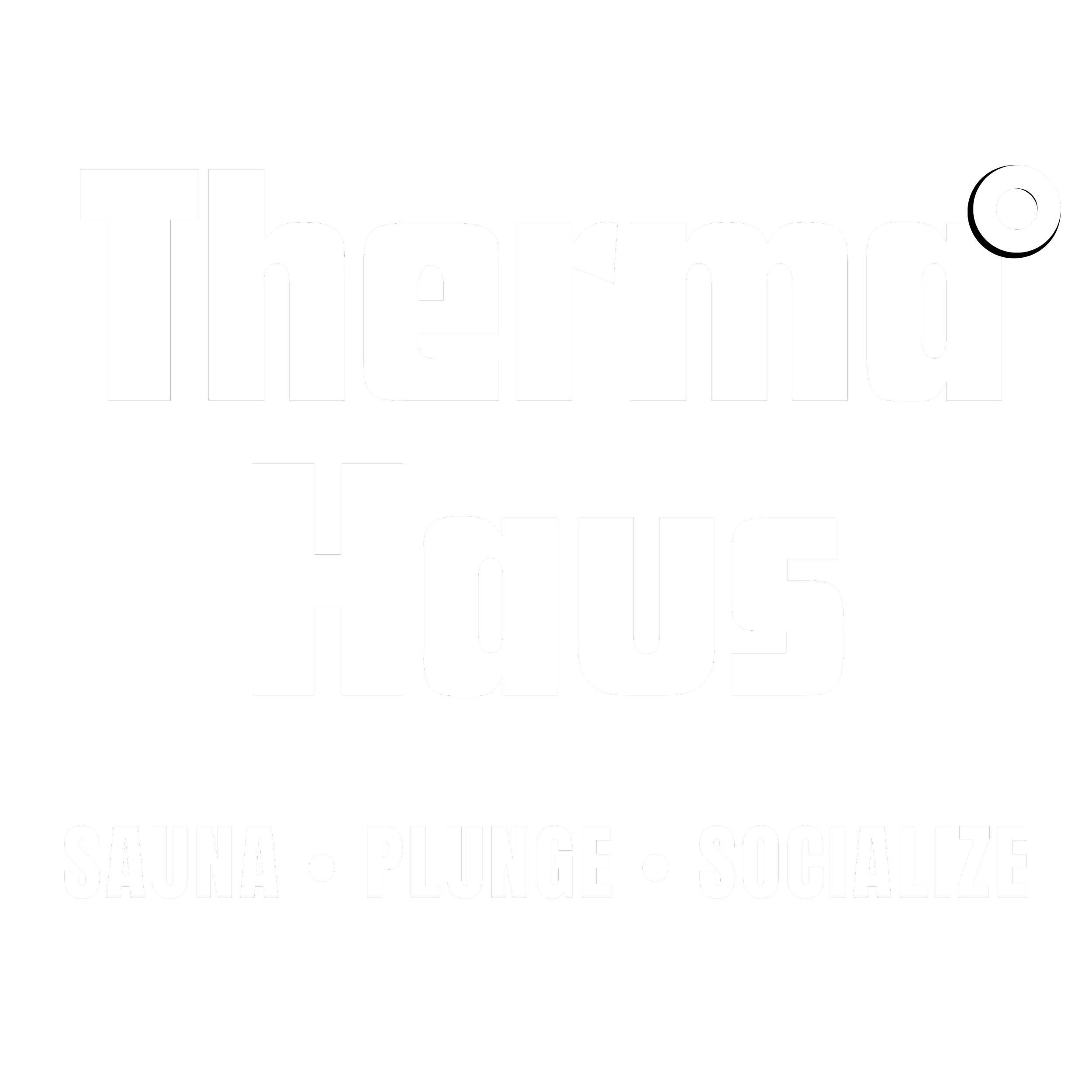 Black background with white text displaying 'Thermo House' at the top, and 'Sauna, Plunge, Socialize' at the bottom.