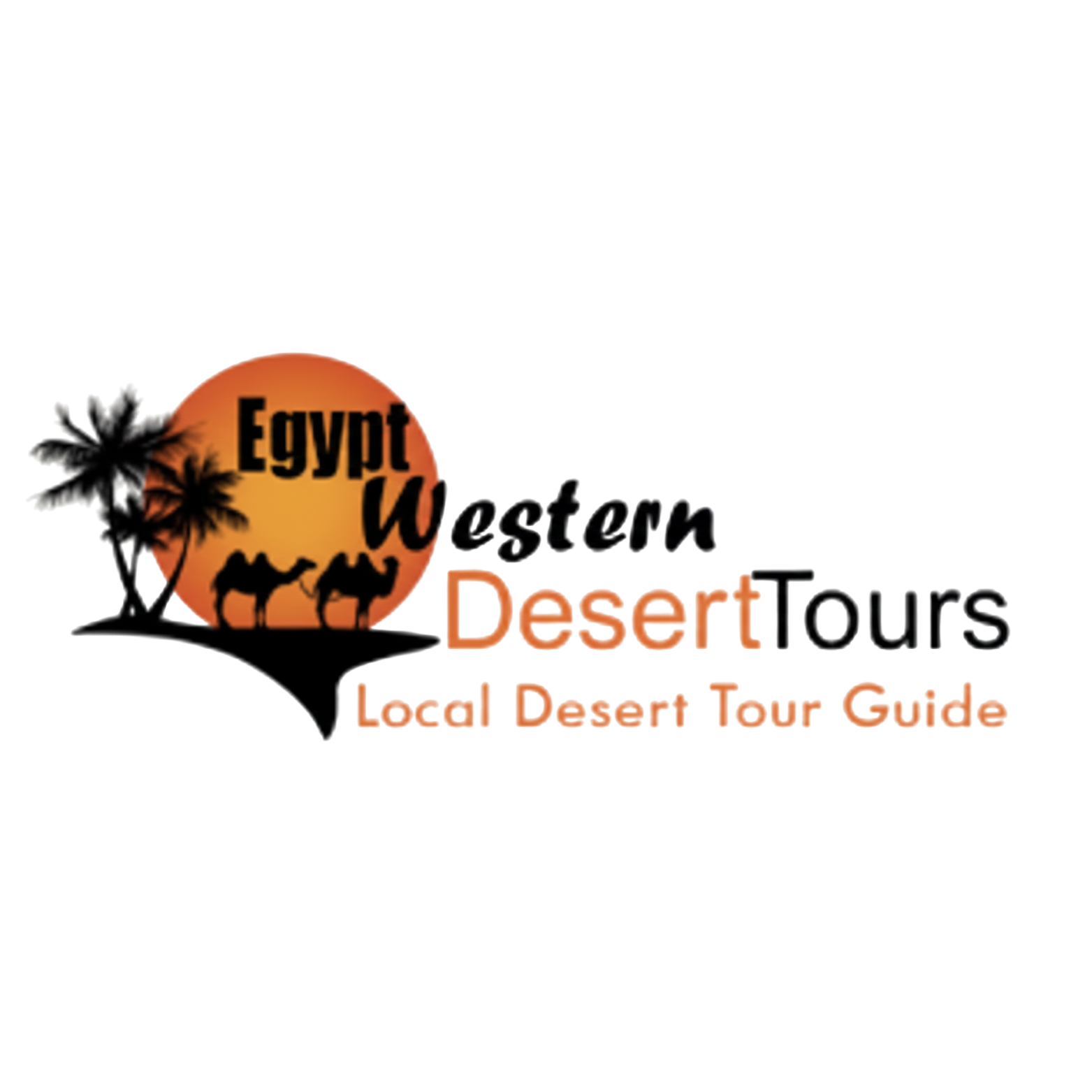 Logo for Egypt Western Desert Tours with silhouettes of camels and palm trees against an orange sunset background.