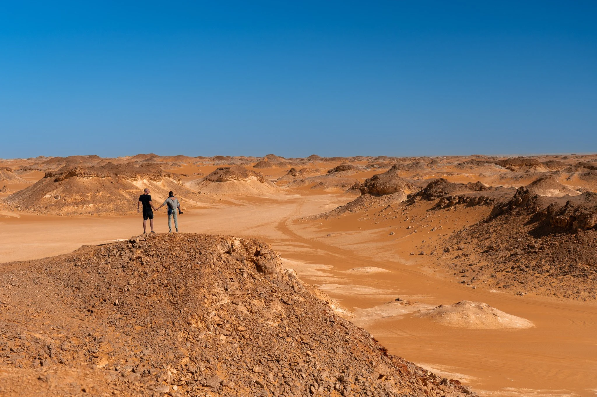 Two people holding hands and standing on a rocky hill in a desert landscape with orange sand dunes and hills under a clear blue sky.