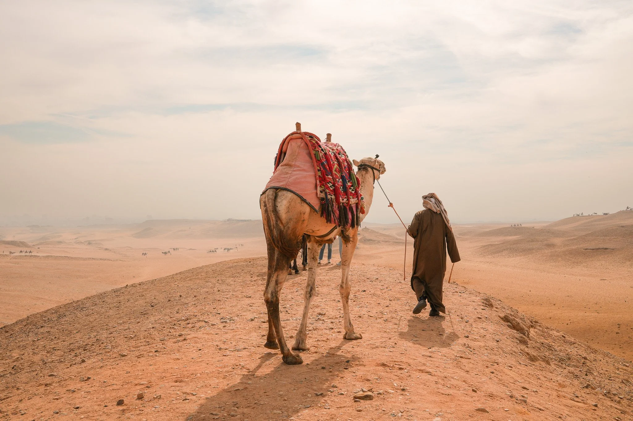 A man in traditional desert clothing leading a camel covered with colorful textiles across sandy dunes in a desert landscape under a cloudy sky.