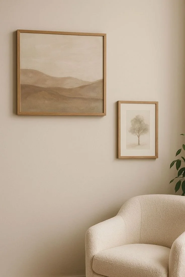 A cozy corner of a home with two framed landscape paintings on a beige wall and a cream-colored armchair in the foreground, along with a tall green plant on the right.