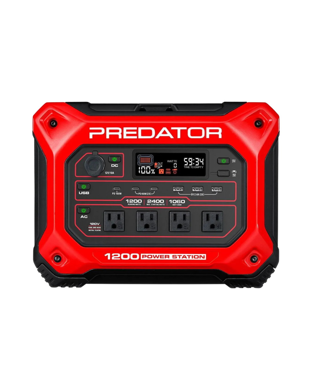 A red and black portable power station with multiple outlets, a digital display, and various charging ports, labeled 'Predator 1200 Power Station'.