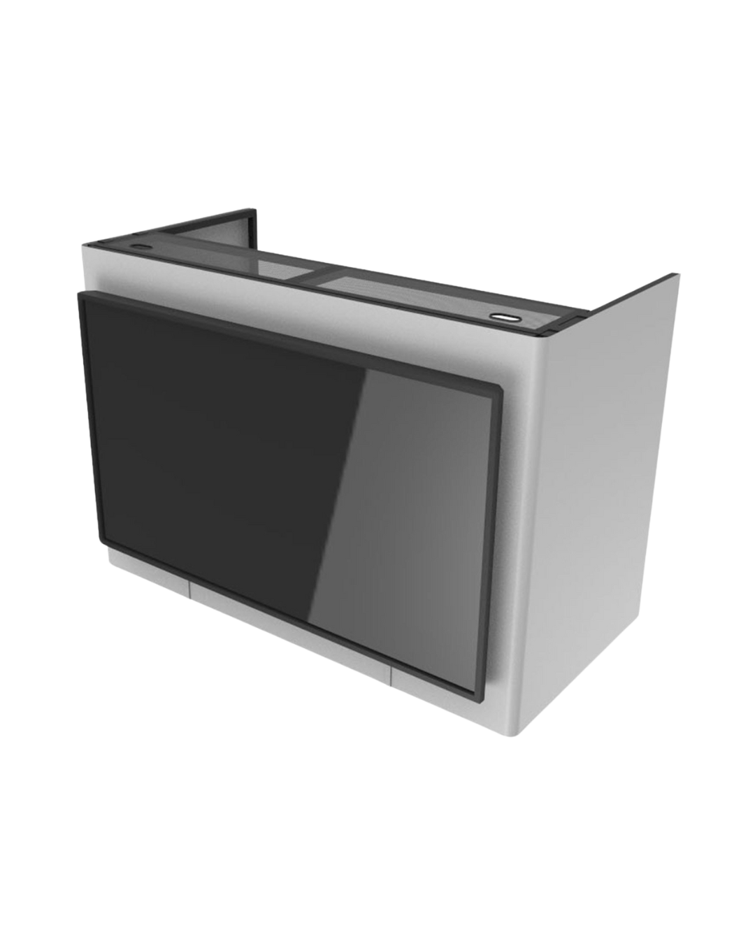 A modern flat-screen television with a sleek black screen, framed by a silver border, mounted on a small stand.