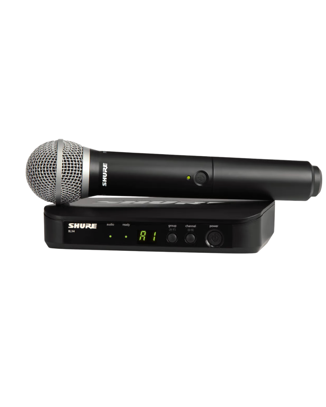 Wireless microphone on a receiver unit with digital display and control buttons.