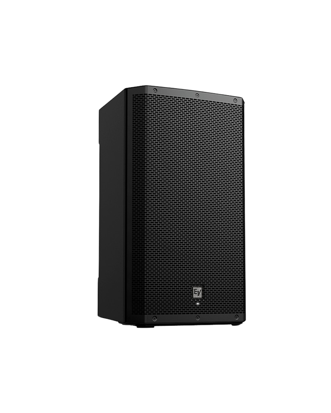 Black professional audio speaker with a metal grille, EV logo at the bottom, isolated on black background.
