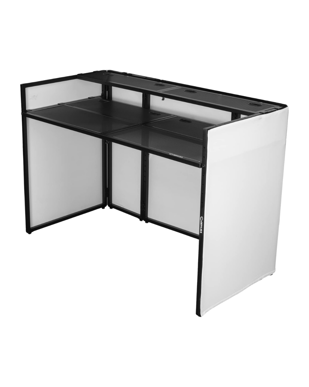 A modular interior bar or counter with black and white panels and a perforated black top surface.