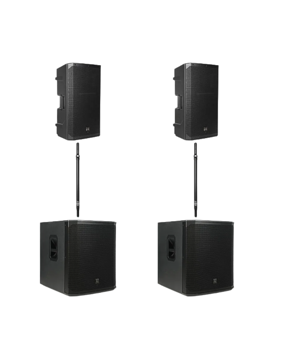 Four professional black speaker cabinets arranged in a rectangular pattern, with two on top and two at the bottom.