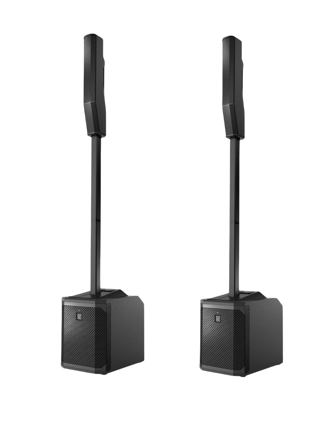Pair of black professional-grade speakers on stands, used for live sound reinforcement or public address systems.