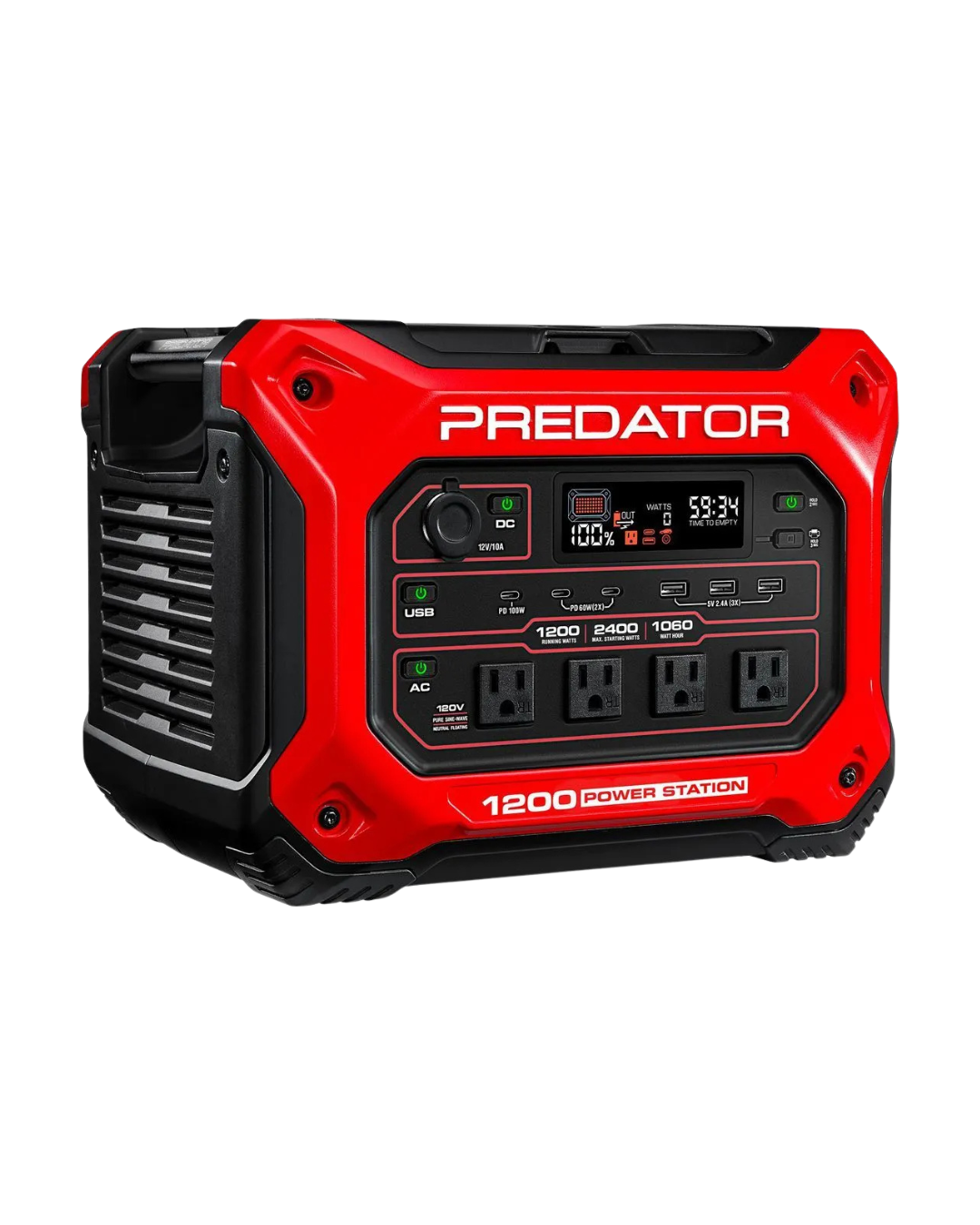 A red portable power station with multiple outlets, USB ports, and digital display, labeled 'Predator' and '1200 Power Station'.