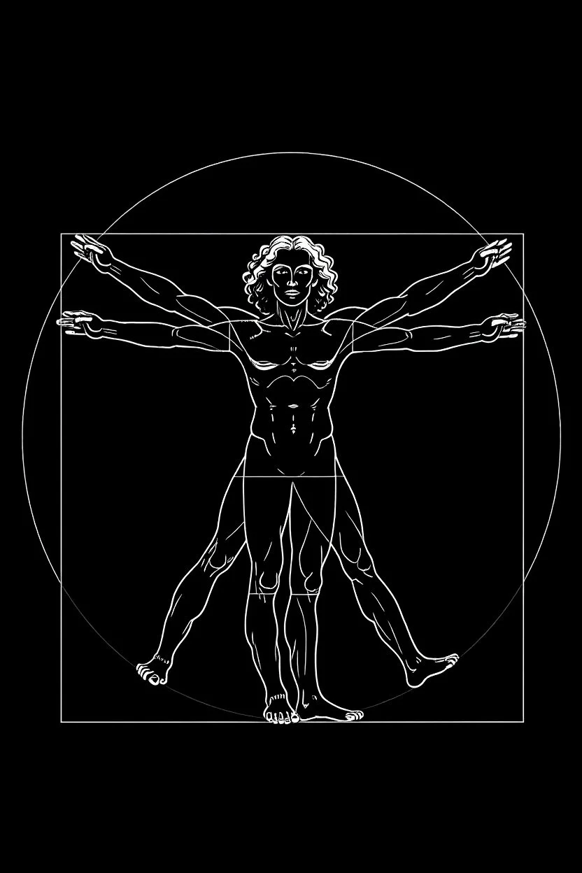 Line drawing of a human figure with extended arms and legs inside a circle and square, symbolizing symmetry. The design resembles Leonardo da Vinci’s Vitruvian Man.