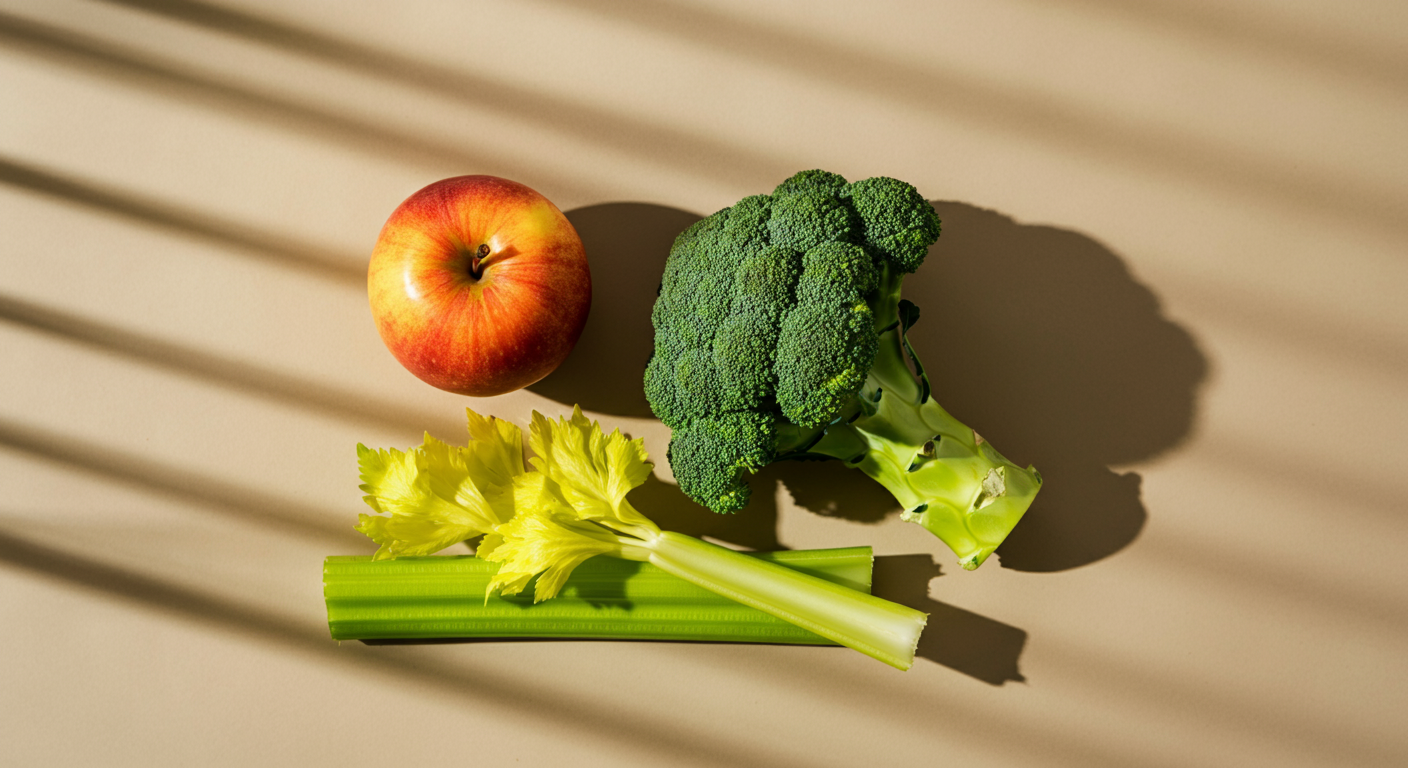 An apple, broccoli, celery stalks with leaves, and yellow celery flowers on a light-colored surface with shadowed lines.