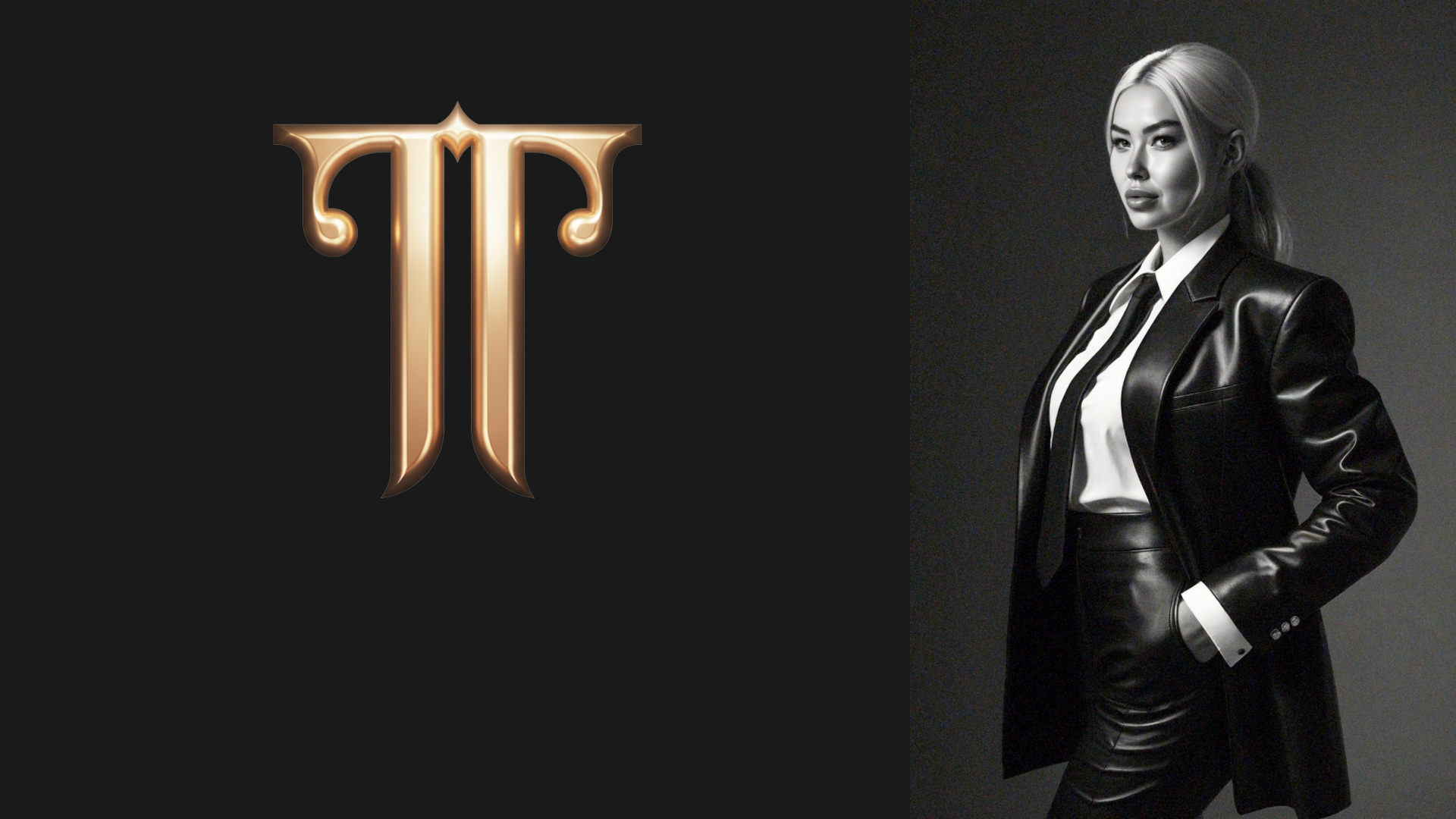 Tigerlily Taylor standing in a black blazer beside gold TT monogram branding.