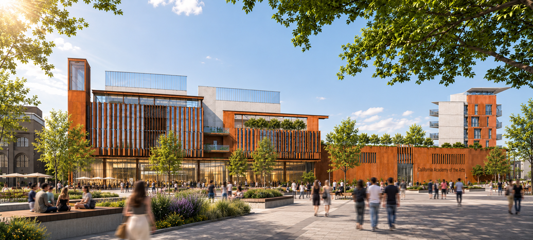 A modern architectural building with a large outdoor plaza in front, numerous people walking and sitting, trees, and blue skies.