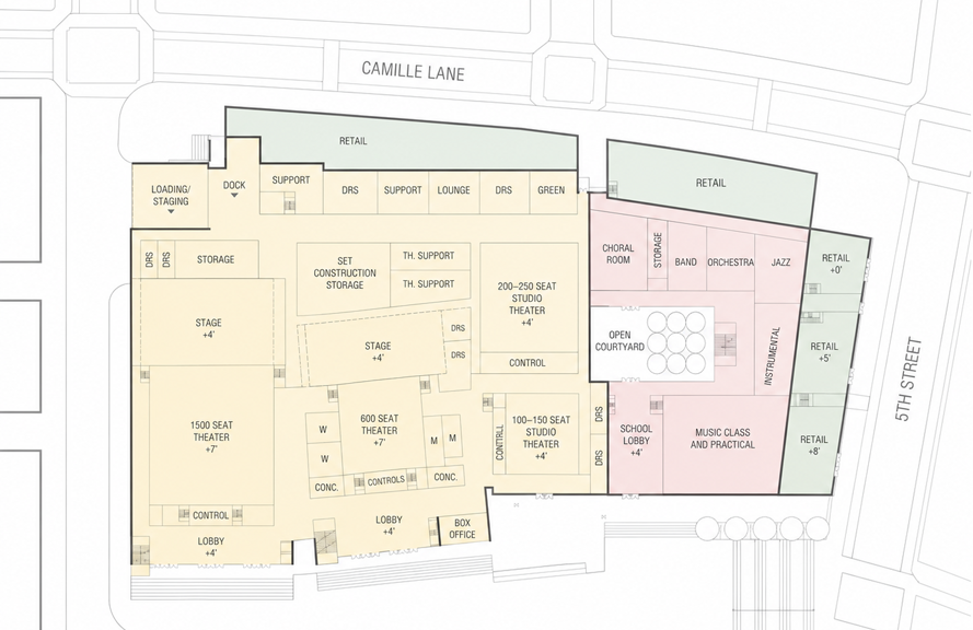 Architectural floor plan of a theater and entertainment complex, showing various stages, theaters, a music room, retail spaces, and other facilities with labeled areas and measurements.
