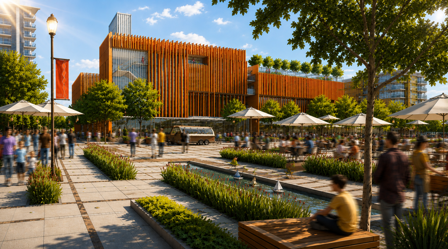 Busy urban plaza with people walking, sitting under umbrellas, and a young boy near a small water fountain. Modern orange building with vertical slats in the background, green trees, and clear blue sky.