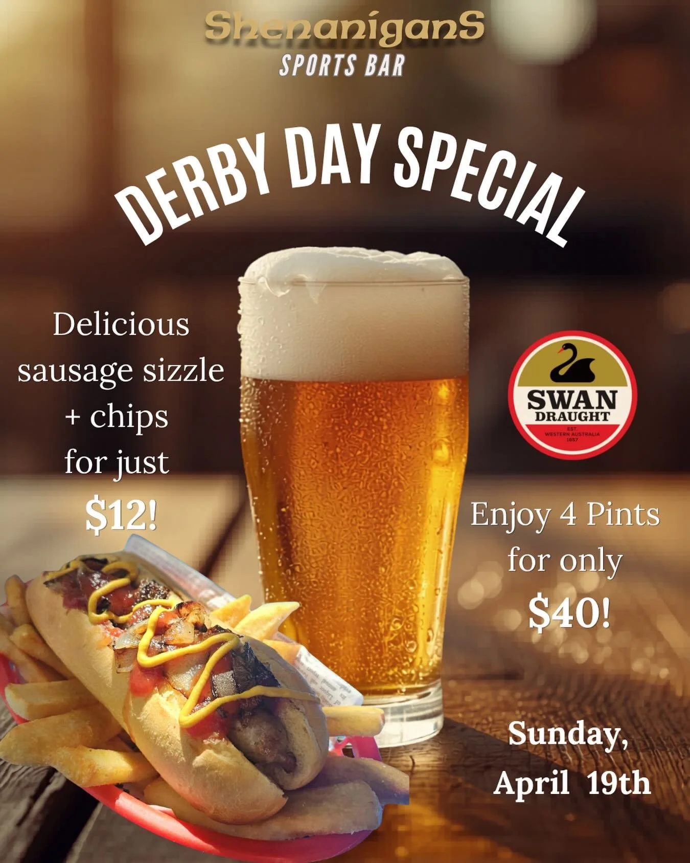 Game day special 🍺 🌭 

4 Pints of swan draught for $40 with our loyalty card from 3pm to 6pm

Pay for 4 Pints up front, sit back, relax and enjoy the game knowing the rest are in the taps 🍻 

And if that&rsquo;s not enough, you can enjoy a classic