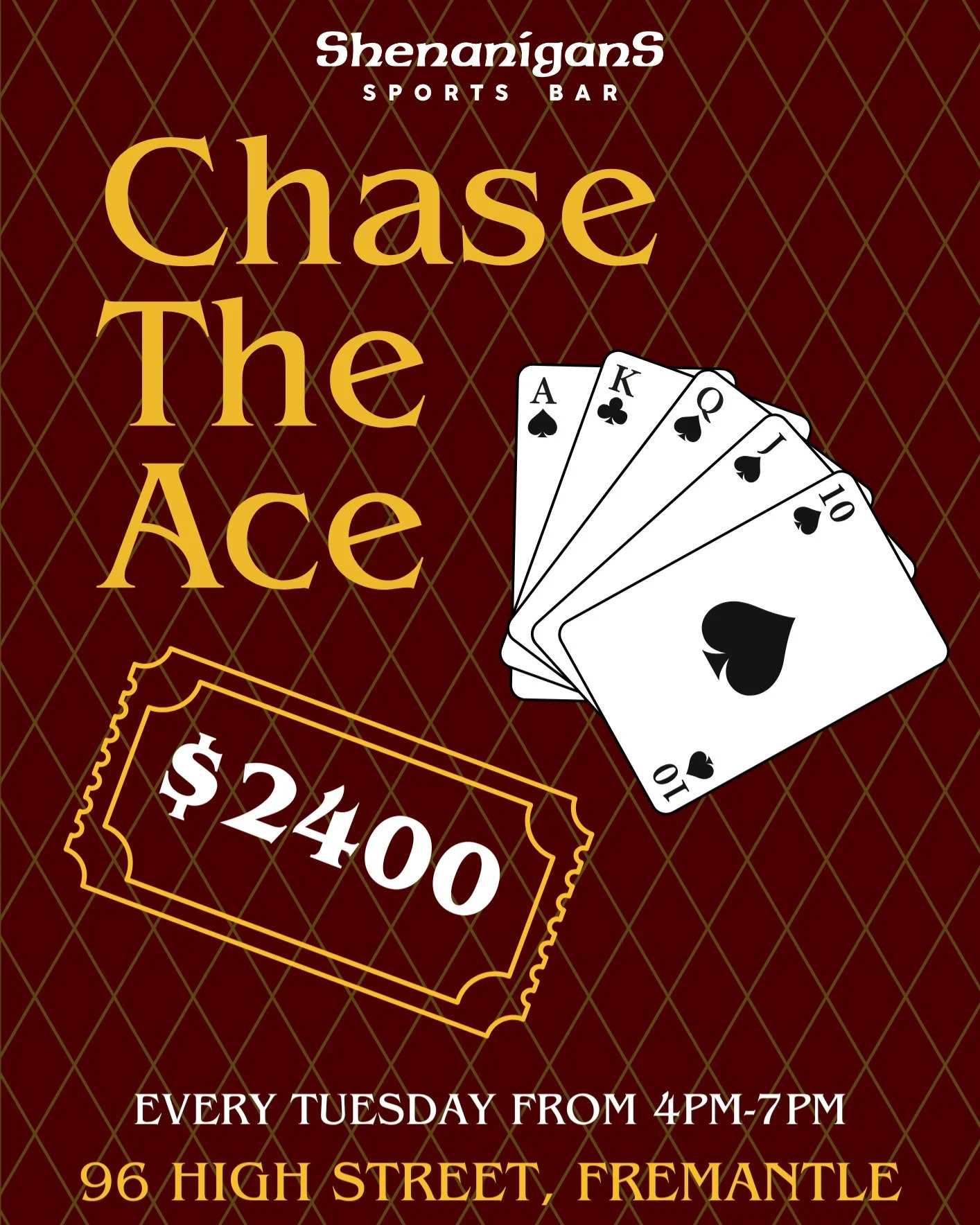 Chase The Ace &spades;

Tonight from 4pm til 7pm 

Cash Prize: $2400 💰

$18 Steak, Chips and Salad 🥩

You can't say fairer than that... Tuesday? Sorted.