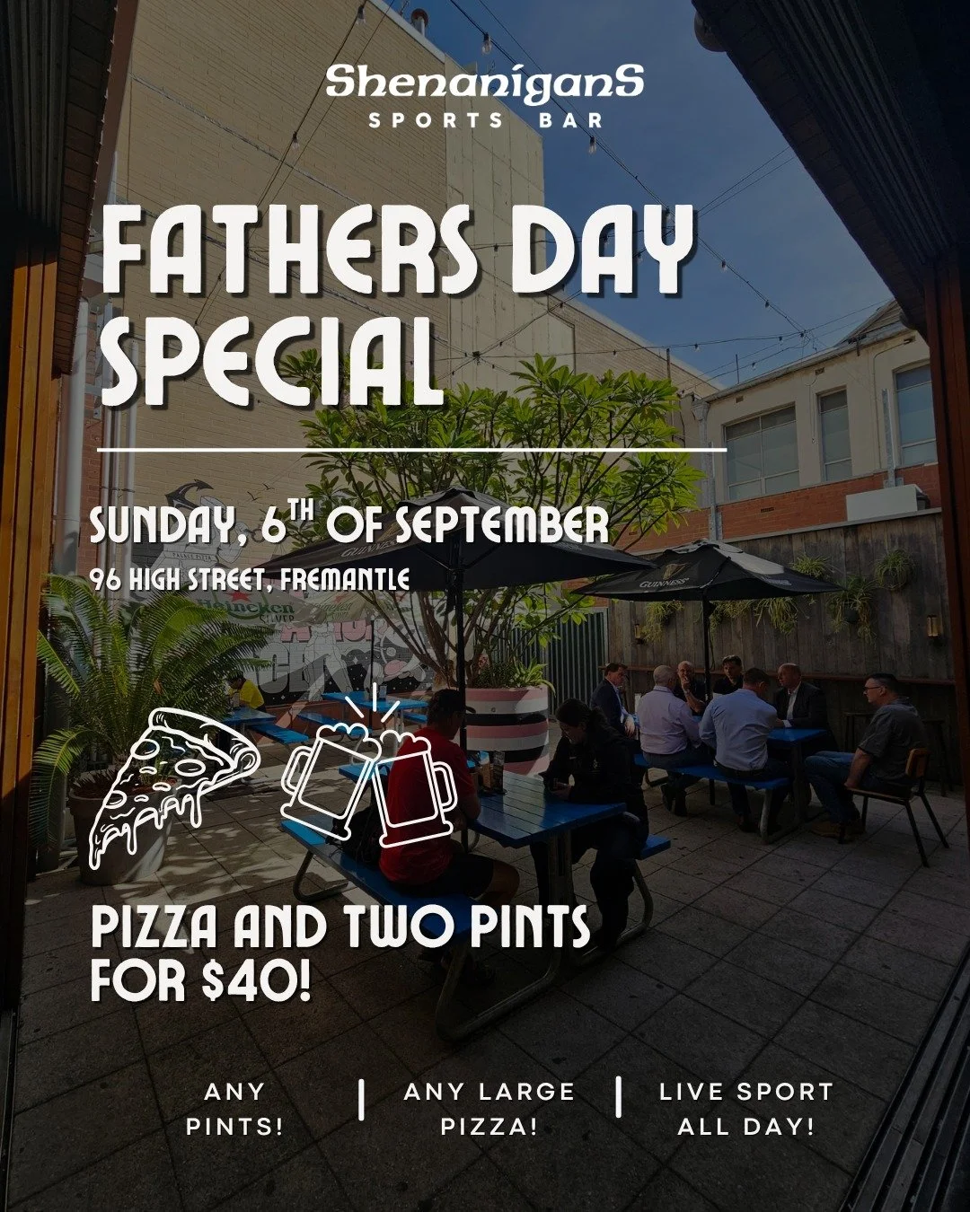 Father&rsquo;s Day plans = sorted 🍕🍺

Bring Dad down to Shenanigans this Sunday and treat him to a proper feed with our Father&rsquo;s Day Special &mdash; Any large pizza + Two pints for just $40.

Pick any pints, choose any large pizza, catch the 