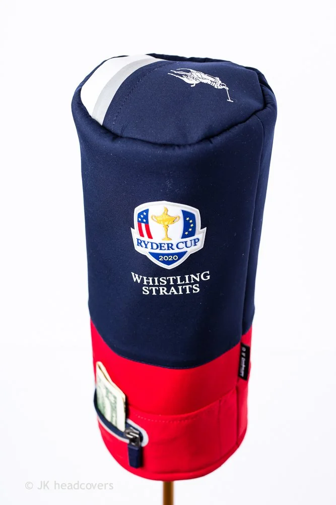 Golf club cover with Ryder Cup 2020 logo, Whistling Straits branding, and a red and navy blue color scheme.