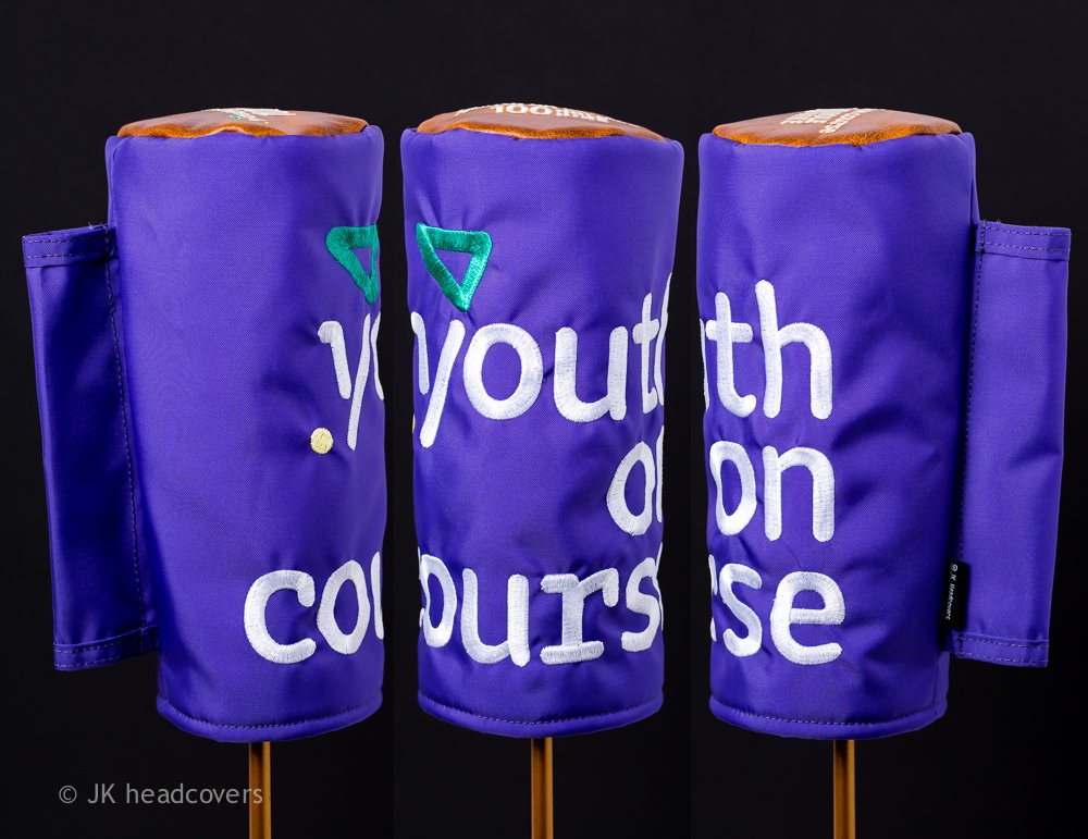Three purple golf headcovers with embroidered white text that reads, 'youth on course,' against a black background.