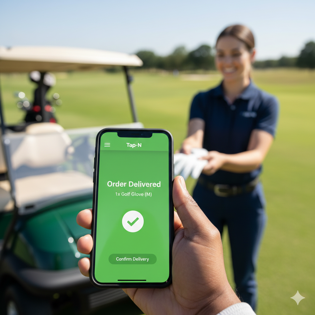 A person holding a smartphone shows a delivery app with a message 'Order Delivered' for a golf glove. In the background, a woman on a golf course receives the delivery from a golf cart.