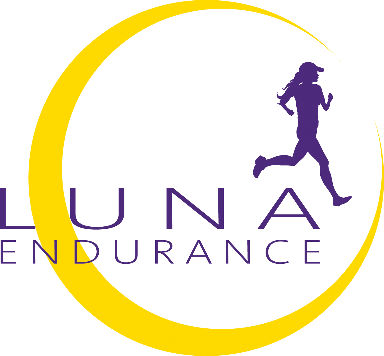 Logo of Luna Endurance featuring a purple silhouette of a running woman encircled by a yellow crescent moon, with the words 'LUNA ENDURANCE' in purple.