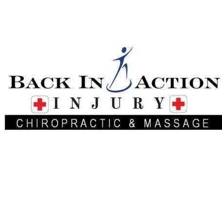 Logo for Back In Action Injury Chiropractic & Massage featuring text and medical cross symbols.