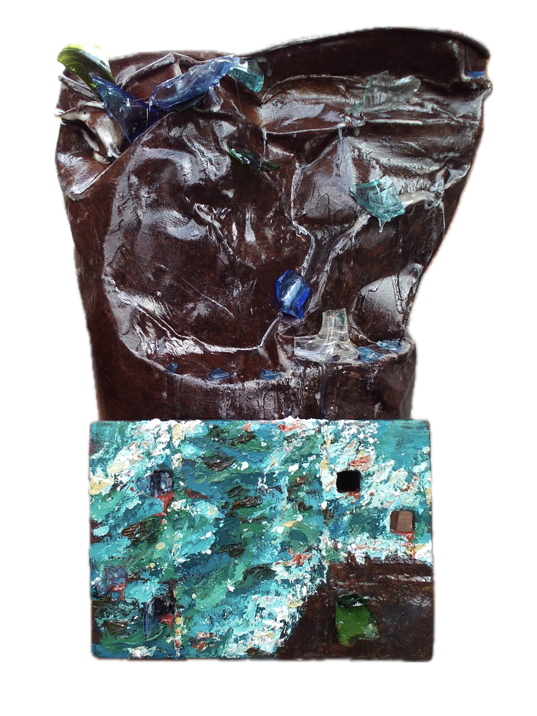 Havskusten - 2026
piece of train track, metal can, broken glass, oil paint, gloss varnish wood, glue