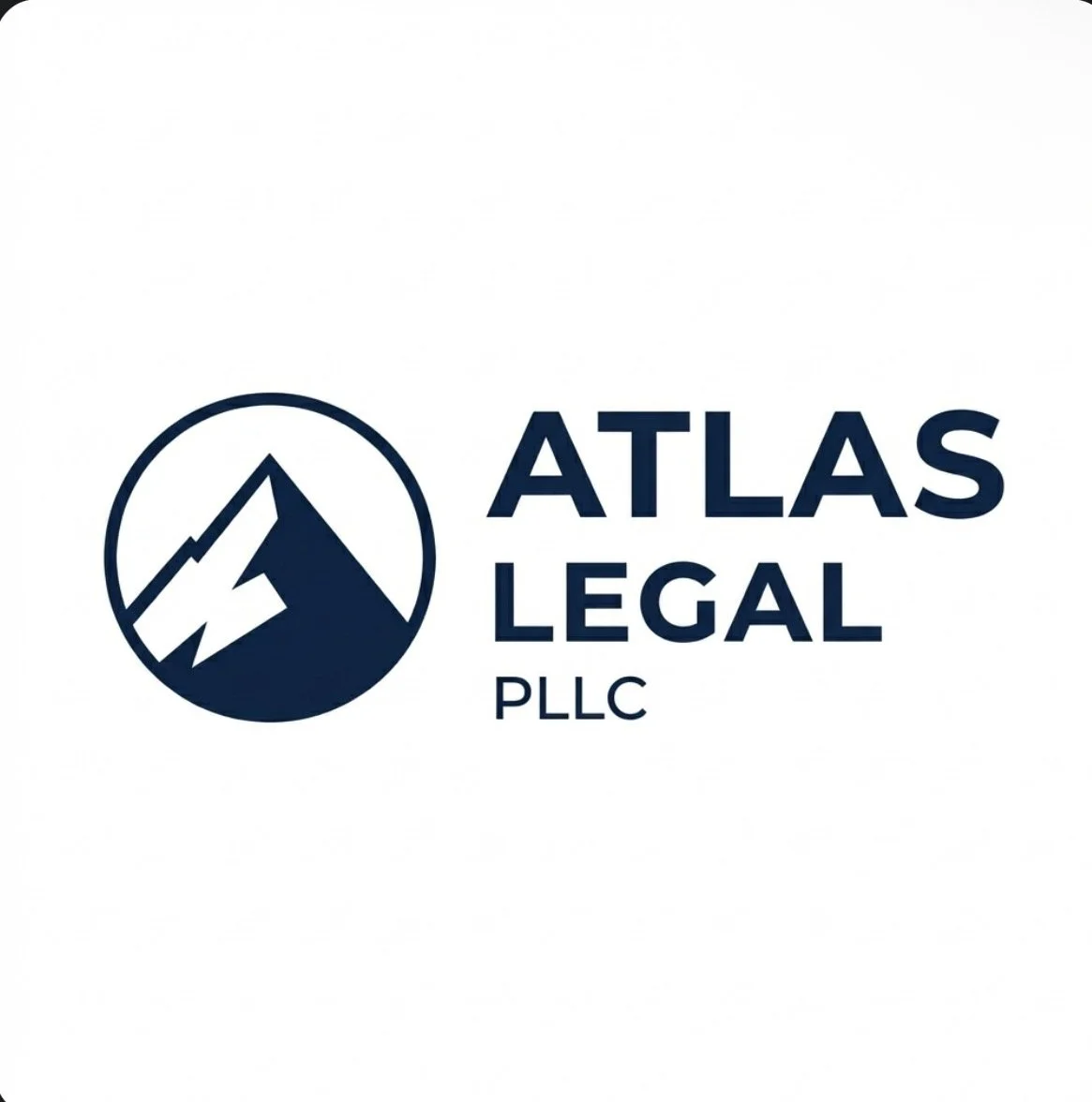 Logo of Atlas Legal PLLC with a mountain and lightning bolt inside a circle.