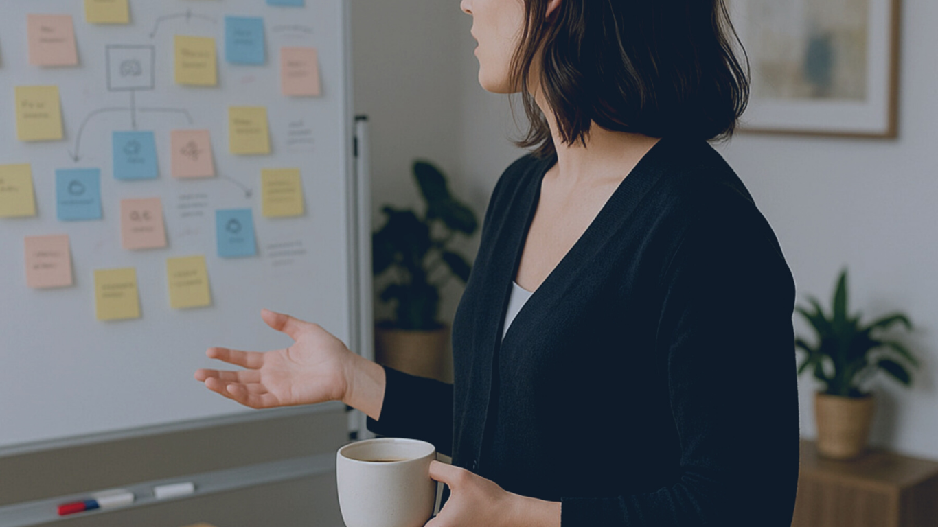 A woman with shoulder-length brown hair holding a white coffee mug while explaining notes on a whiteboard covered with colorful sticky notes in an office setting.