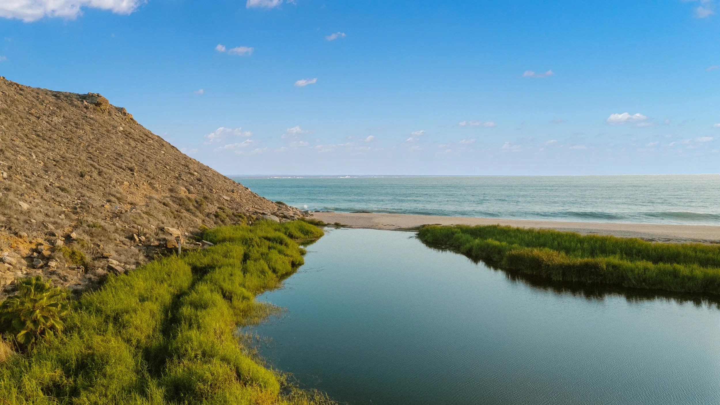 Image of a coastal landscape with a hillside on the left, a small waterway lined with green grass and shrubs, leading to the ocean in the background under a blue sky with a few scattered clouds.