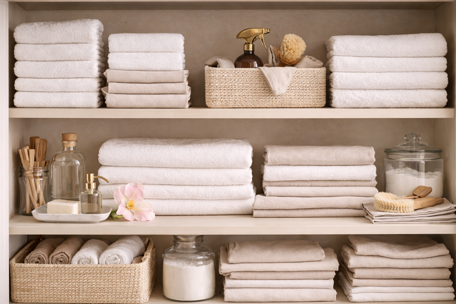 A bathroom storage shelf with neatly folded white and beige towels, decorative glass jars, a soap dispenser, a flower, and basket containing rolled towels. Contains cleaning and grooming supplies.