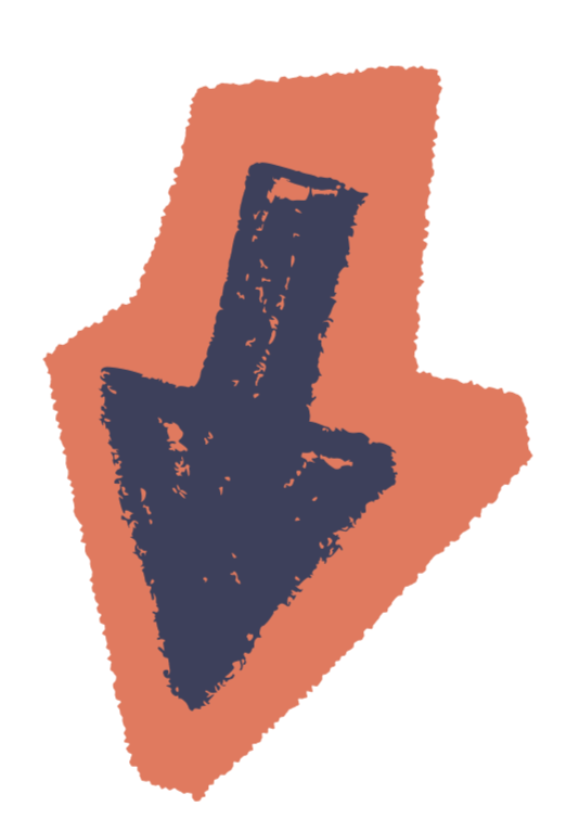 A downward pointing arrow with a hand illustration inside, set against an orange background.