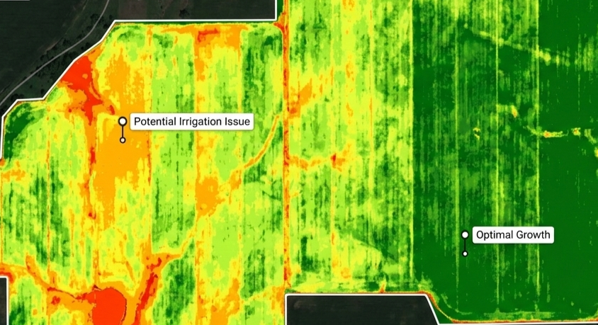 Color-coded map of agricultural fields showing potential irrigation issues in yellow and red, indicating areas needing attention, and optimal growth areas in green.