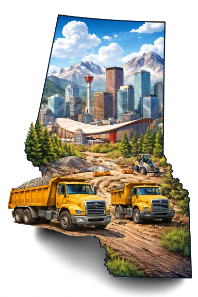 Illustration of a construction site in a city, featuring two yellow dump trucks on a dirt road, a tractor, and a city skyline with tall buildings, mountains, and clouds in the background.