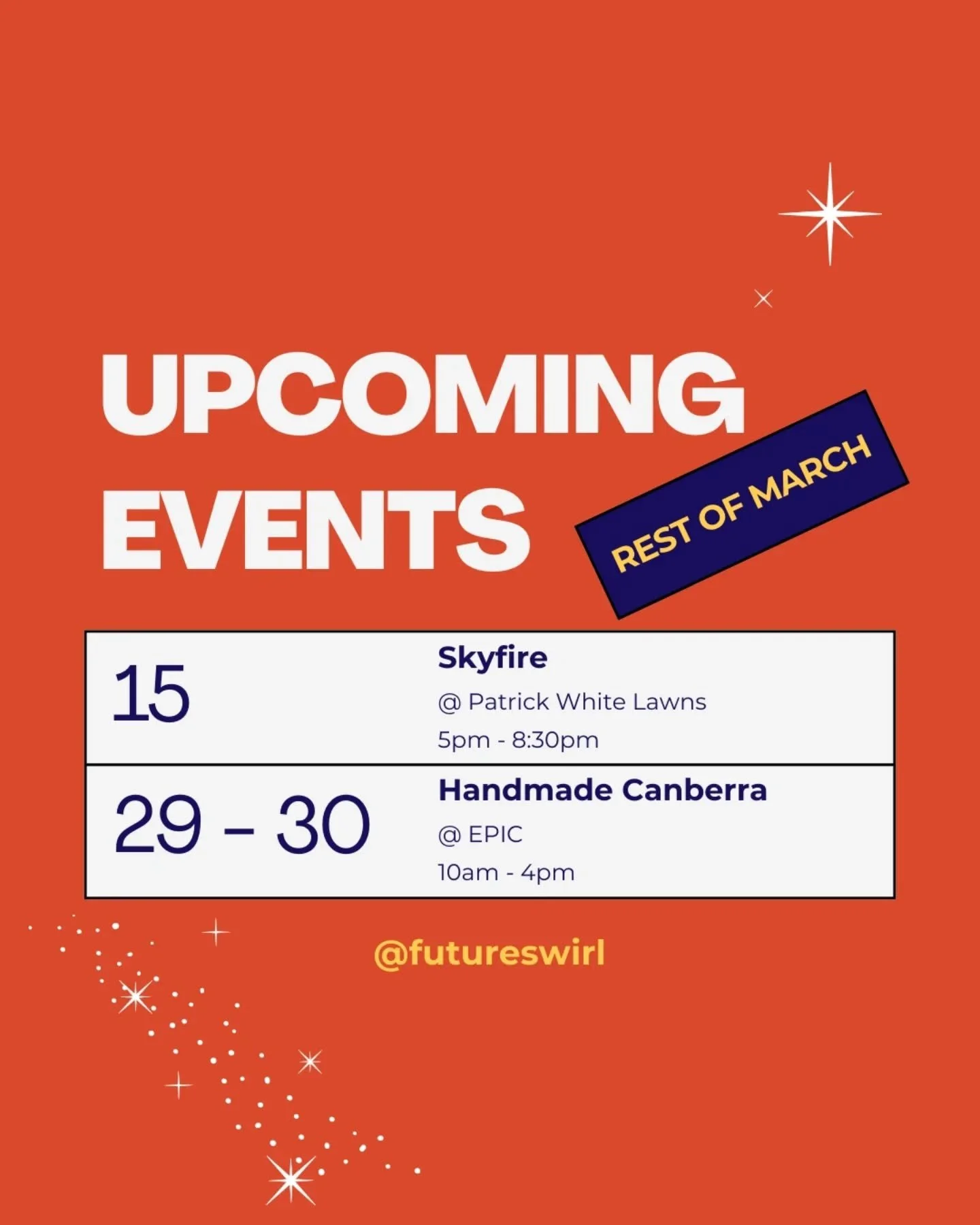 How is it mid March already?! Good news is that we've still got two more events coming up this month 🍦

We'll be swirling up our oat milk soft serve tomorrow at Skyfire 🎆 Find us parked on the Patrick White Lawns next to the National Library from 5