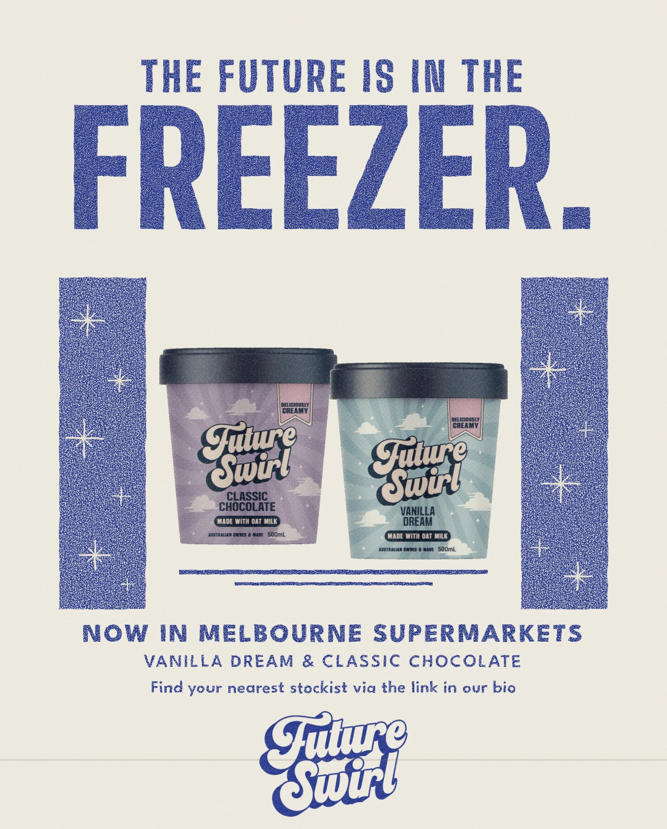 MELBOURNE, WE&rsquo;RE HERE

The future of ice cream has officially landed in Melbourne freezers and we reckon you&rsquo;re going to LOVE it.

Meet Future Swirl. Ridiculously creamy oat milk ice cream made with Australian oats and packed with proper 